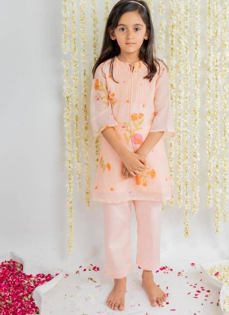 Peach printed cotton kurta set