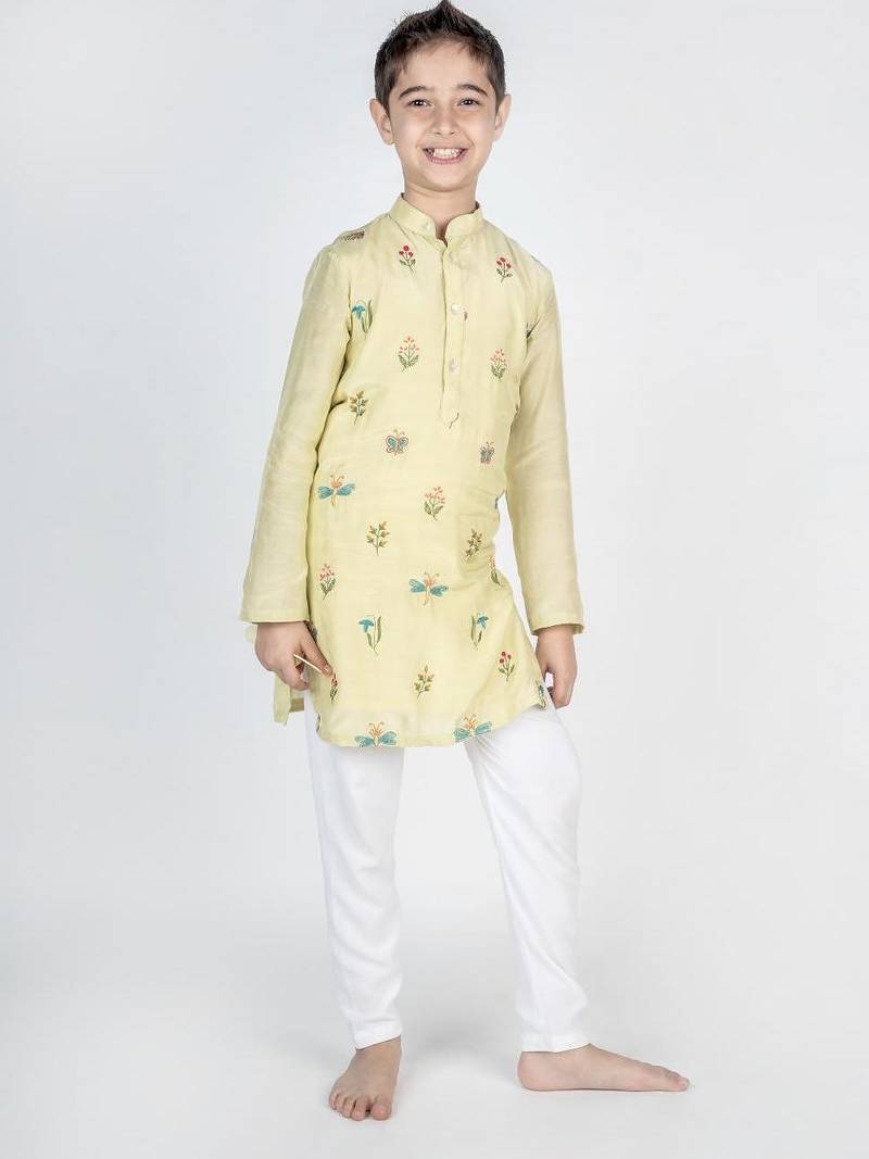 Green embroidered cotton kurta pyjama