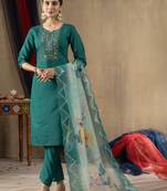 Rama Designer Straight Kurti Pant Dupatta Set With Embroidery And Hand Work