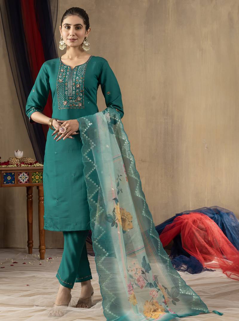 Rama Designer Straight Kurti Pant Dupatta Set With Embroidery And Hand Work