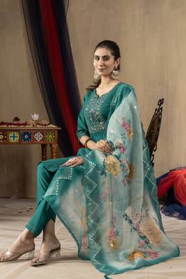 Rama Designer Straight Kurti Pant Dupatta Set With Embroidery And Hand Work 3