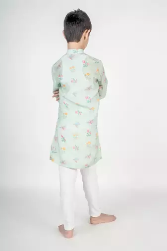 Green printed cotton kurta pyjama