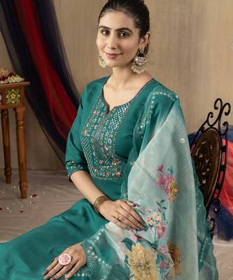 Rama Designer Straight Kurti Pant Dupatta Set With Embroidery And Hand Work 4