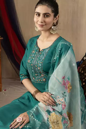 Rama Designer Straight Kurti Pant Dupatta Set With Embroidery And Hand Work