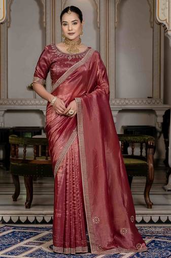 marron silk blend zarkan work saree with unstitched blouse