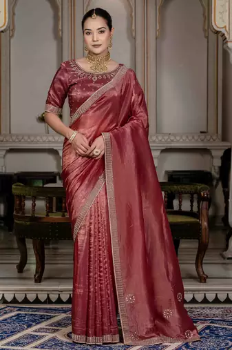 marron silk blend zarkan work saree with unstitched blouse