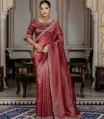 marron silk blend zarkan work saree with unstitched blouse