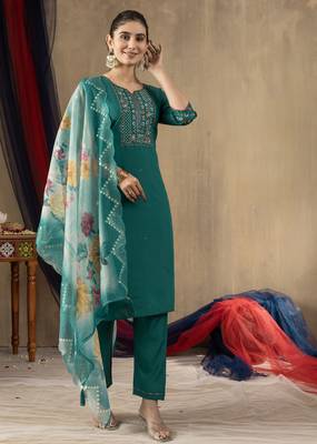 Rama Designer Straight Kurti Pant Dupatta Set With Embroidery And Hand Work 5