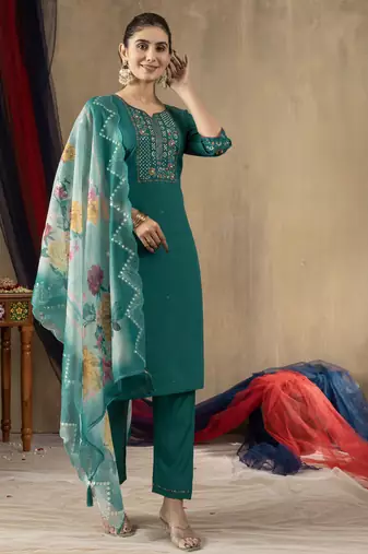 Rama Designer Straight Kurti Pant Dupatta Set With Embroidery And Hand Work