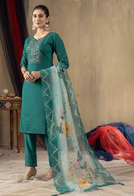 Rama Designer Straight Kurti Pant Dupatta Set With Embroidery And Hand Work 6