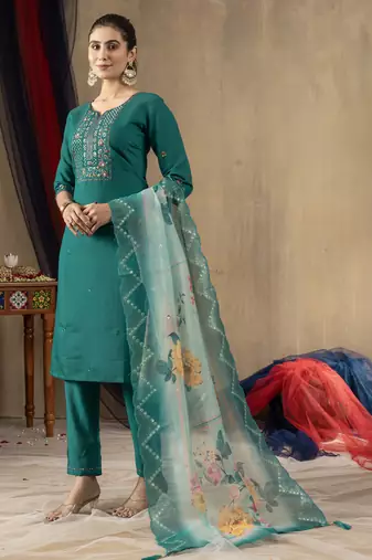 Rama Designer Straight Kurti Pant Dupatta Set With Embroidery And Hand Work