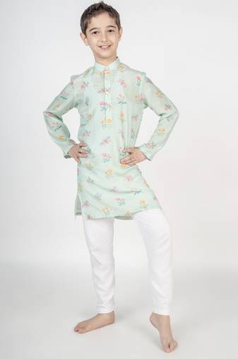 Green printed cotton kurta pyjama