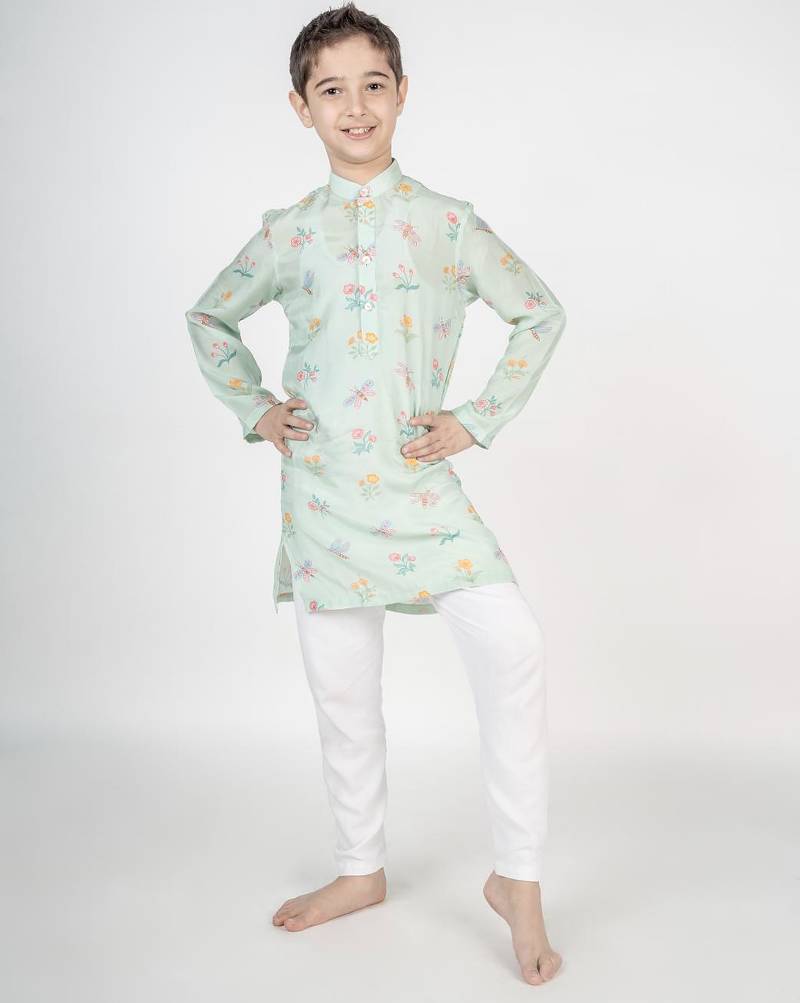 Green printed cotton kurta pyjama