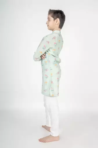 Green printed cotton kurta pyjama