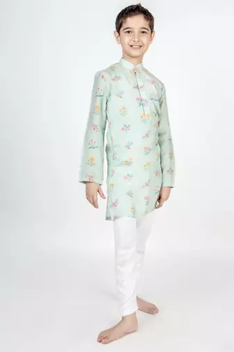 Green printed cotton kurta pyjama