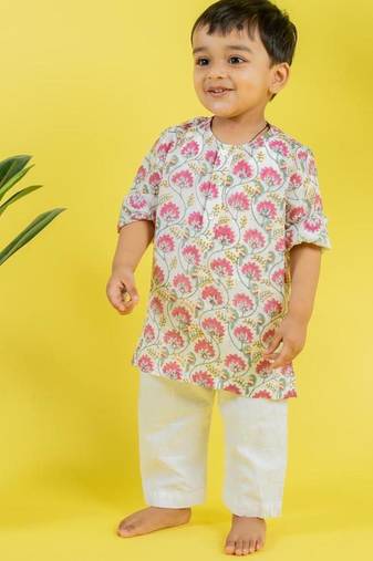 White printed cotton kurta pyjama