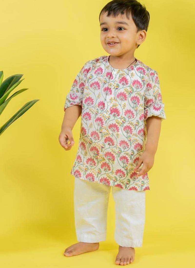 White printed cotton kurta pyjama