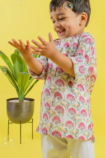 White printed cotton kurta pyjama