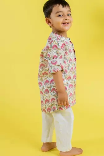 White printed cotton kurta pyjama