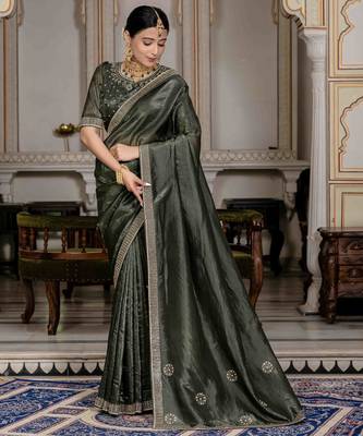 olive silk blend zarkan work saree with unstitched blouse 1