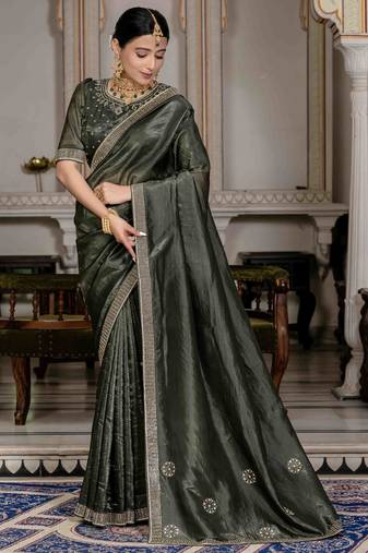 olive silk blend zarkan work saree with unstitched blouse