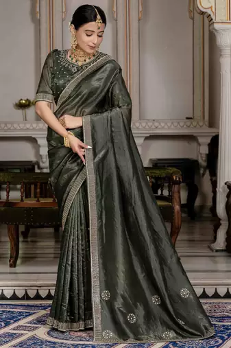 olive silk blend zarkan work saree with unstitched blouse