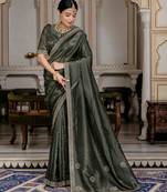 olive silk blend zarkan work saree with unstitched blouse