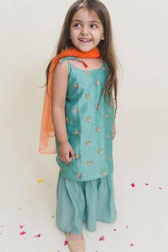 Blue embroidered cotton sharara