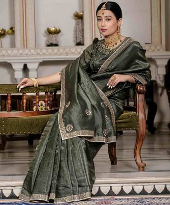 olive silk blend zarkan work saree with unstitched blouse 2