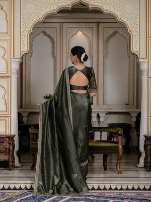 olive silk blend zarkan work saree with unstitched blouse 3