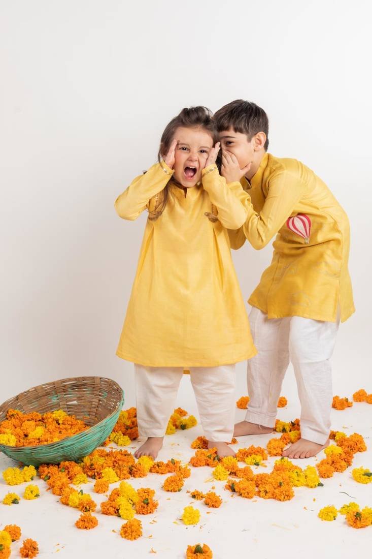 Yellow plain cotton kurta set