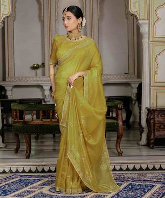 neon silk blend zarkan work saree with unstitched blouse 1