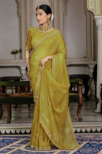 neon silk blend zarkan work saree with unstitched blouse