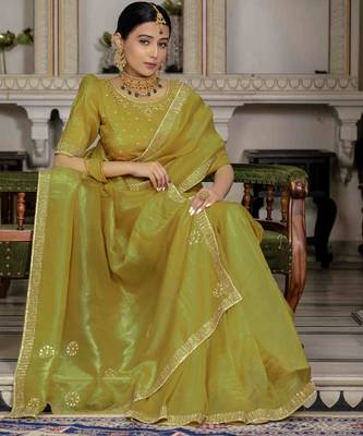 neon silk blend zarkan work saree with unstitched blouse 2