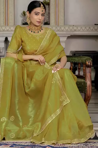 neon silk blend zarkan work saree with unstitched blouse