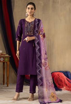 Purple Designer Straight Kurti Pant Dupatta Set With Embroidery And Hand Work 1