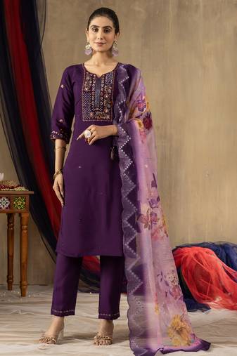 Purple Designer Straight Kurti Pant Dupatta Set With Embroidery And Hand Work