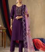 Purple Designer Straight Kurti Pant Dupatta Set With Embroidery And Hand Work