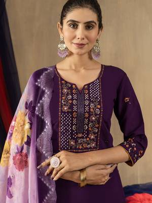 Purple Designer Straight Kurti Pant Dupatta Set With Embroidery And Hand Work 3
