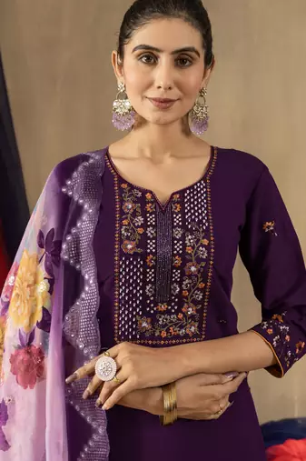 Purple Designer Straight Kurti Pant Dupatta Set With Embroidery And Hand Work