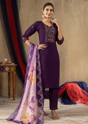 Purple Designer Straight Kurti Pant Dupatta Set With Embroidery And Hand Work 4