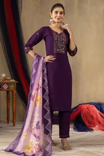 Purple Designer Straight Kurti Pant Dupatta Set With Embroidery And Hand Work