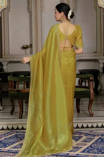 neon silk blend zarkan work saree with unstitched blouse