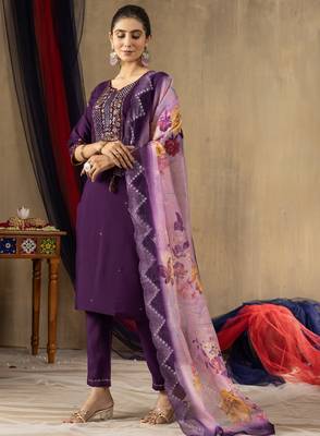 Purple Designer Straight Kurti Pant Dupatta Set With Embroidery And Hand Work 5