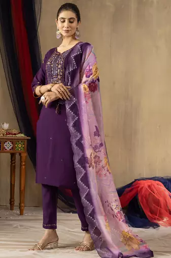 Purple Designer Straight Kurti Pant Dupatta Set With Embroidery And Hand Work