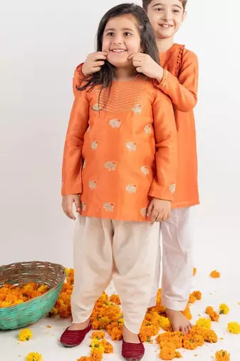 Orange embroidered cotton kurta set