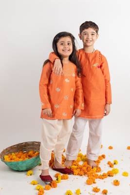 Orange embroidered cotton kurta set 3
