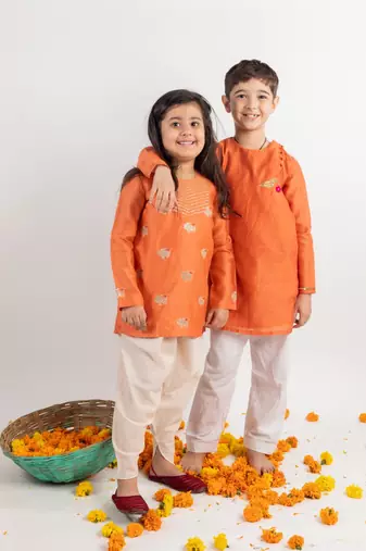 Orange embroidered cotton kurta set