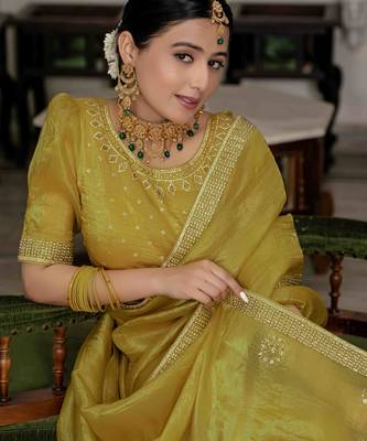 neon silk blend zarkan work saree with unstitched blouse 4