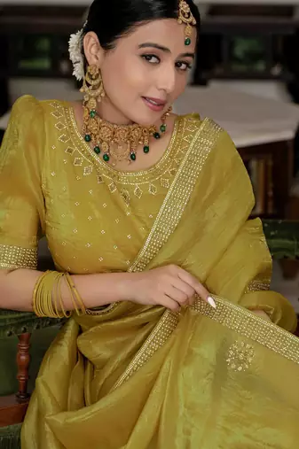 neon silk blend zarkan work saree with unstitched blouse